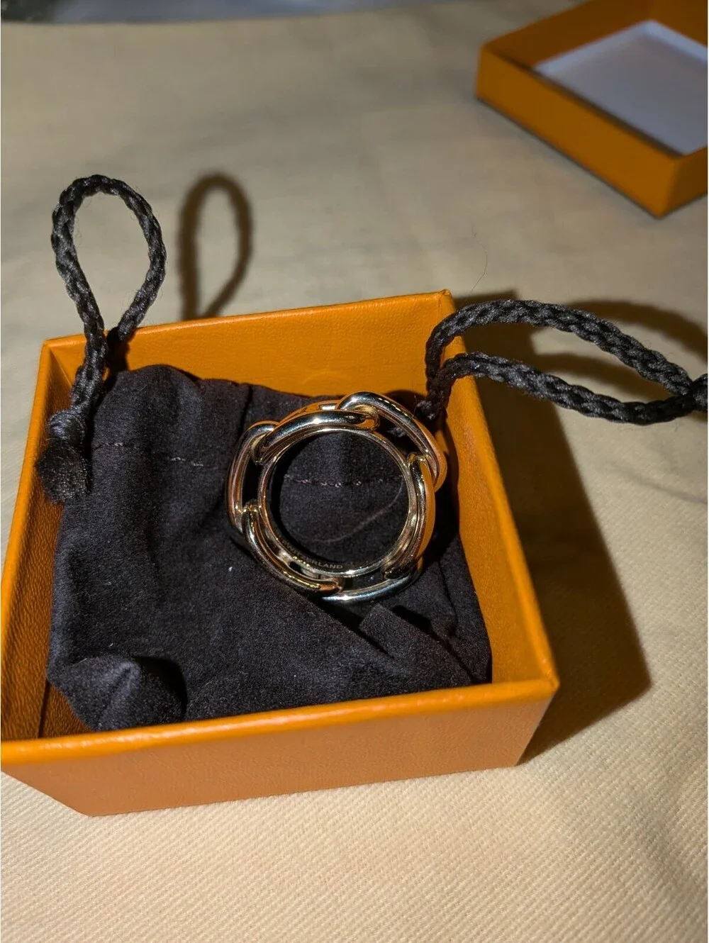Near Mint HERMES With Box! Silver Tone Regate Chaine D'Ancre Scarf Ring